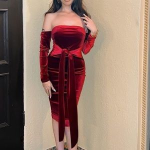Burgundy Velvet Fashion Nova Off Shoulder Long Sleeve Tube Top Midi Dress Small